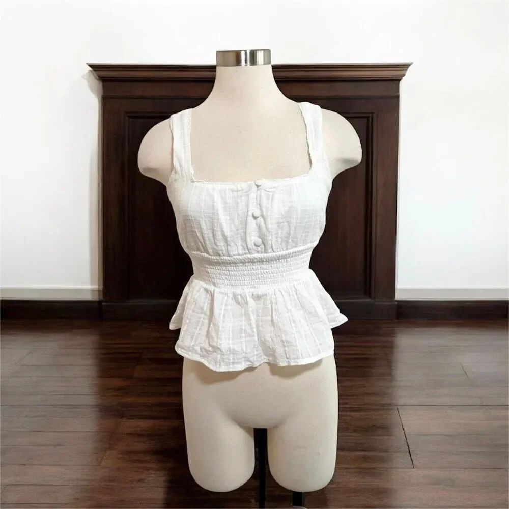 Mi Ami White Peasant Top Blouse Button Down Sleeveless Extra Small XS Smocked Ca